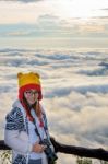 Woman And Fog Is Like The Sea Stock Photo