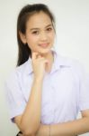 Portrait Of Thai High School Student Uniform Teen Beautiful Girl Happy And Relax, Stock Photo