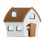 Cartoon Businessman Open House Door Stock Photo