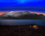 Camping Tent With Rock And Snow Mountian Scene Use For Natural A Stock Photo