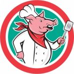 Pig Chef Cook Holding Spatula Circle Cartoon Stock Photo