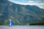 Yachts Sailing On Lake Mondsee In Austria Stock Photo