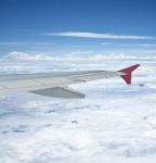 View Out Of Airplane Airplane Wing In Flight Stock Photo