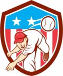 Baseball Pitcher Outfielder Throwing Ball Shield Cartoon Stock Photo