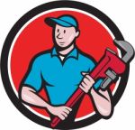 Plumber Holding Monkey Wrench Circle Cartoon Stock Photo