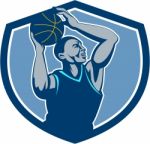 Basketball Player Rebounding Ball Crest Retro Stock Photo