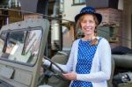 Dutch Woman Steering Military Jeep Stock Photo