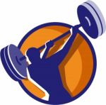 Weightlifter Swinging Barbell Rear Circle Retro Stock Photo