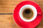 Fresh Brewed Hot Espresso In Red Cup Stock Photo