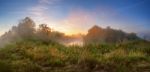 Summer Misty Sunrise On The River. Foggy River In The Morning. P Stock Photo