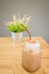 Iced Cofee Mocha Drink Serving On Wooden Table Stock Photo