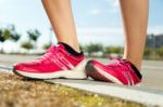 Runner Feet Preparing For Running On Road Closeup On Shoe Stock Photo