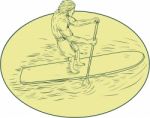 Surfer Dude Stand Up Paddle Oval Drawing Stock Photo