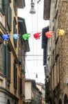 Flying Fish Across A Street In Citta Alta Bergamo Stock Photo