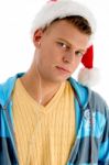 Man Wearing Christmas Hat Stock Photo