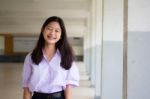 Portrait Of Thai High School Student Uniform Teen Beautiful Girl Happy And Relax Stock Photo