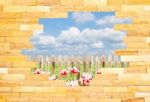 Crashed Brick Wall With Beautiful Landscape Behi Stock Photo