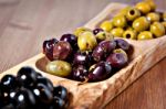 Variety Of Green, Black And Mixed Marinated Olives Stock Photo