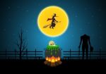 Halloween Witch Cauldron Skull Fly Witch Zombie Dead Tree  Stock Photo