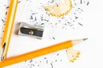 Broken Pencil With Metal Sharpener And Shavings Stock Photo