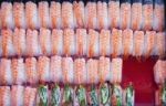 Shrimp Sushi Japanese Food On Red Tray Stock Photo