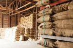 Stack Hemp Sacks Of Rice Stock Photo