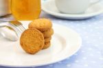 Round Cookie Stack Plate On Table Meal Stock Photo