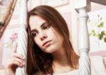 Portrait Of A Young Beautiful Girl In A Bright Dress Stock Photo