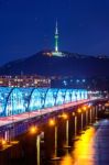 View Of Downtown Cityscape At Dongjak Bridge And Seoul Tower Over Han River In Seoul, South Korea Stock Photo