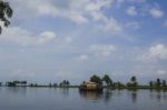 Moving House Boat On A River Stock Photo