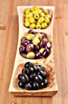 Variety Of Green, Black And Mixed Marinated Olives Stock Photo