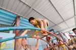 Student 9-10 Years Old, Scout In Adventure Activities, Scout Camp School Bangkok Thailand Stock Photo