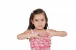 Pretty Little Girl Hand Gesturing Thumb Down Failure Sign Stock Photo