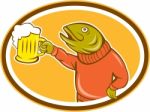 Trout Fish Holding Beer Mug Oval Cartoon Stock Photo