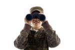 Teenage Boy Holding Binoculars Stock Photo