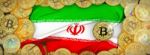 Bitcoins Gold Around Iran  Flag And Pickaxe On The Left.3d Illus Stock Photo