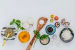 Various Vegetable And Ingredients For Cooking Pasta Menu Sweet B Stock Photo