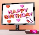 Happy Birthday On Computer Screen Showing Online Greeting Stock Photo