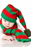 Baby With Christmas Hat And Scarf Stock Photo