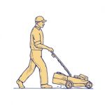 Gardener Mowing Lawnmower Drawing Stock Photo