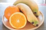 Healthy Fruits With Oranges And Bananas Stock Photo