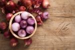 Shallots Still Life Wood Background Stock Photo