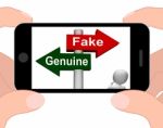 Fake Genuine Signpost Displays Authentic Or Faked Product Stock Photo