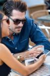 Portrait Of Group Friends Having Fun With Smartphones Stock Photo