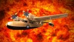 Rescue Plane Flying Over Fire Burning Stock Photo