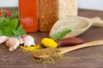 Set Of Spices And Fresh Herbs Stock Photo