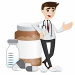 Cartoon Pharmacist With Medicine Pills And Bottle Stock Photo