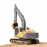 Back Of Old Backhoe And Brown Soil Ground On White Background Stock Photo