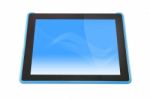 Tablet Computer Device Blue Screen On White Background Stock Photo