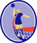 Volleyball Player Spiking Ball Oval Retro Stock Photo